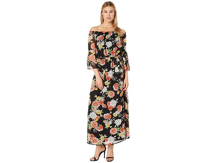 Nine West Off The Shoulder Maxi Dress W/ Self Sash (black/papaya) Women's Dress