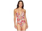 Michael Michael Kors Cherry Summer Flower Shirred Keyhole Halter One-piece W/ Removable Soft Cups (deep Pink) Women's Swimsuits One Piece