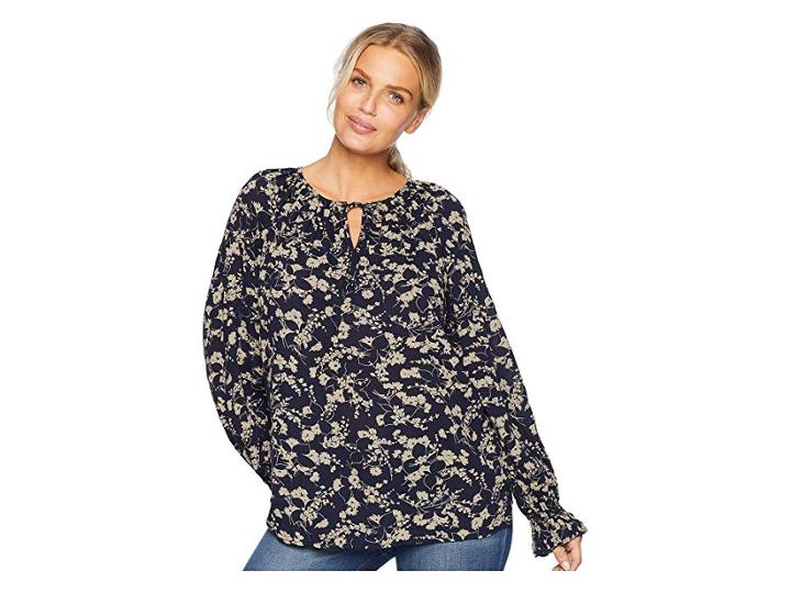 Chaps Cotton Viscose Crinkle Long Sleeve Blouse (capri Navy Multi) Women's Blouse