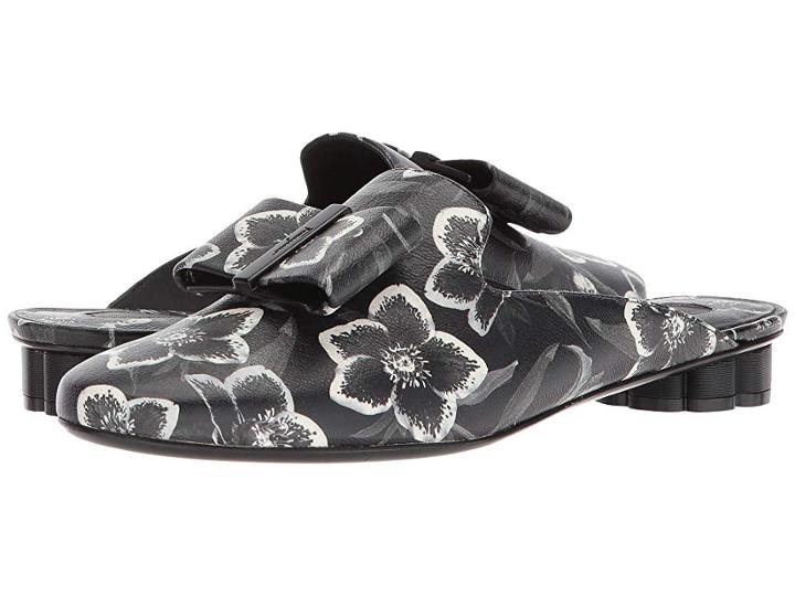 Salvatore Ferragamo Sciacca Bow Mule (black/white Capra Bunny) Women's Flat Shoes