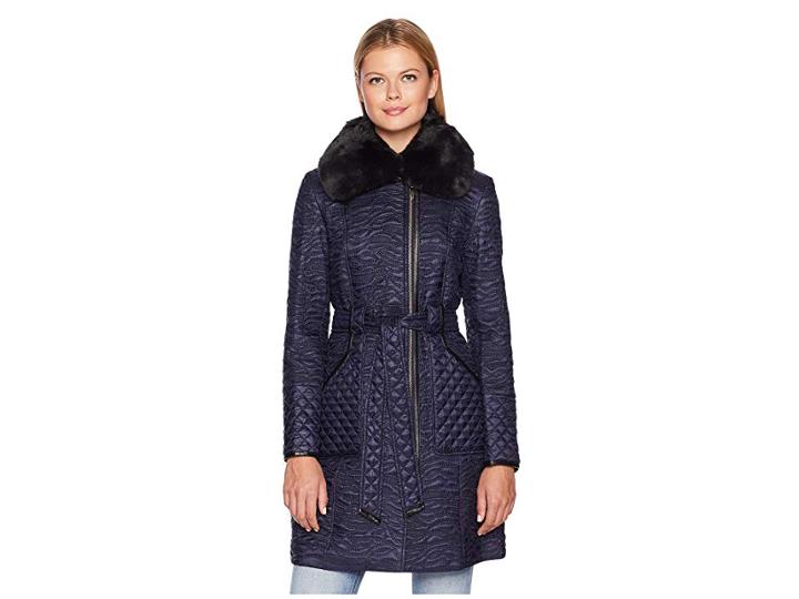 Via Spiga Belted Paisley Quilt With Faux Fur (navy) Women's Coat