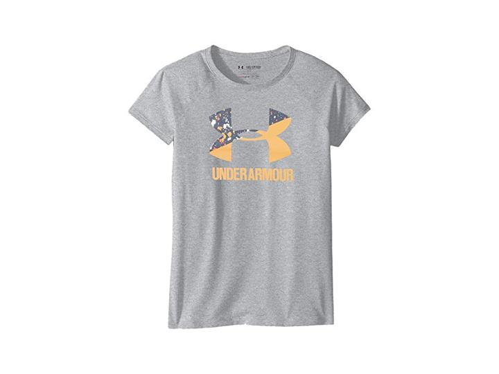 Under Armour Kids Ua Solid Big Logo Short Sleeve Tee (big Kids) (steel Light Heather/apollo Gray/orange Peel) Girl's T Shirt