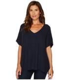 Two By Vince Camuto Short Sleeve Plaited Traveling Stitch Boxy Pullover (indigo Heather) Women's Short Sleeve Pullover