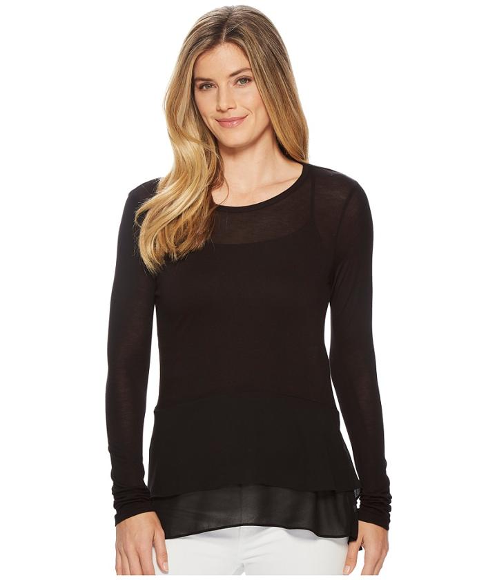 Michael Michael Kors Woven Mix Double Hem Top (black) Women's Long Sleeve Pullover