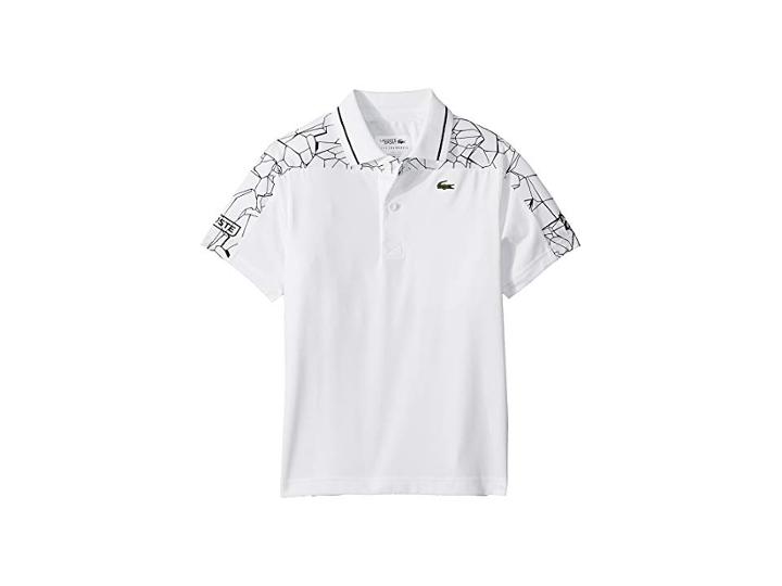 Lacoste Kids Short Sleeve Shoulders Print Djoko Polo (little Kids/big Kids) (white/black) Boy's Clothing