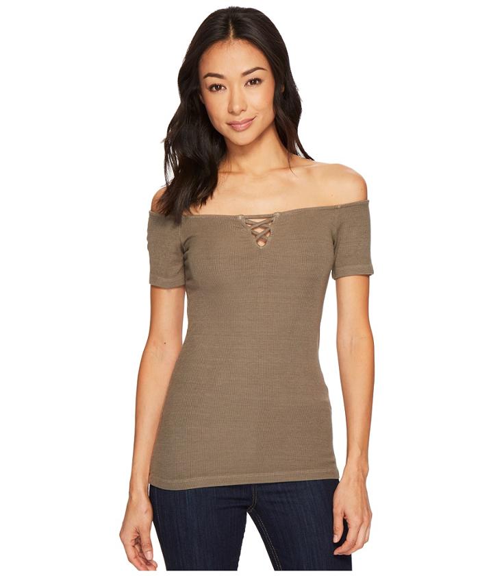 Michael Stars 2x1 Rib Front To Back Off Shoulder Top (olive Moss) Women's Clothing