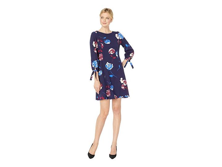 Nine West Hydrangea Floral 3/4 Sleeve Dress W/ Ties (navy/cobalt Multi) Women's Dress