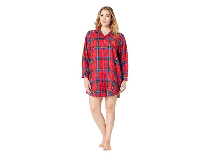 Lauren Ralph Lauren Plus Size Brushed Twill His Shirt Sleepshirt (red Plaid) Women's Pajama