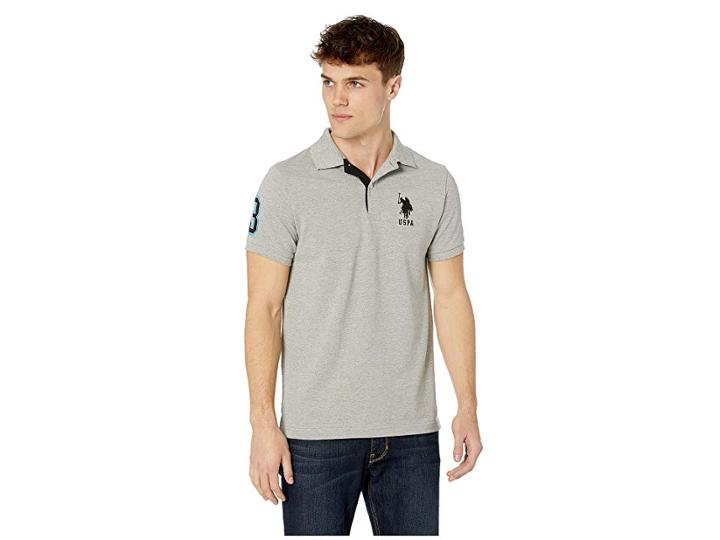 U.s. Polo Assn. Slim Fit Big Horse Polo W/ Stripe Collar (heather Grey/black) Men's Short Sleeve Pullover