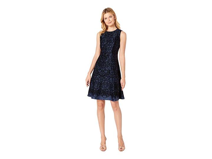 Eci Sleeveless Flocked Fit Flare Dress (navy) Women's Dress