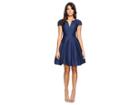 Halston Heritage Short Sleeve Notch Neck Dress With Tulip Skirt (navy) Women's Dress