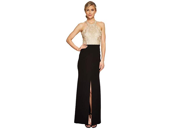 Calvin Klein Halter Neck Lace Bodice Gown Cd7b277b (gold/black) Women's Dress