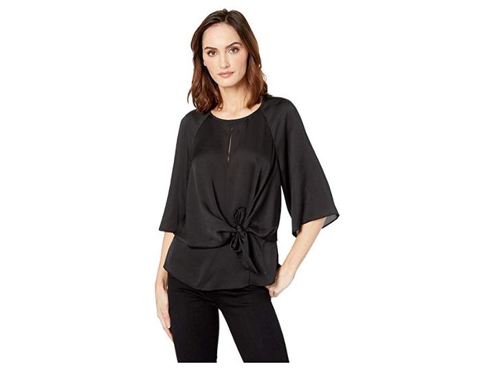 Vince Camuto Bell Sleeve Tie Front Keyhole Hammer Satin Blouse (rich Black) Women's Blouse