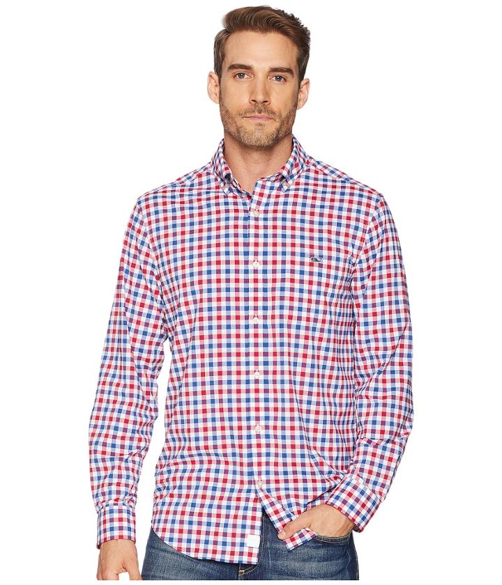 Vineyard Vines Performance Gull Island Gingham Tucker Shirt (captains Blue) Men's Clothing