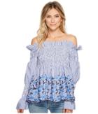 Romeo & Juliet Couture Off The Shoulder Striped And Embroidered Blouse (blue) Women's Blouse