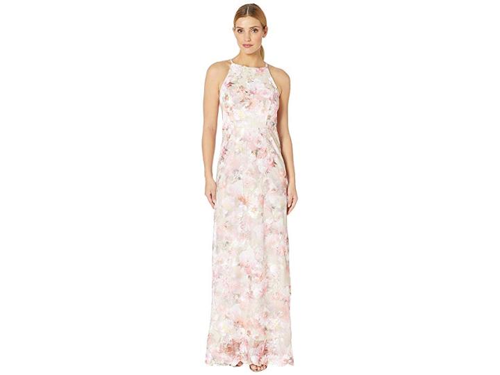 Marina Embroidered Print Halter-neck Long With Scallop Hem (pink/multi) Women's Clothing