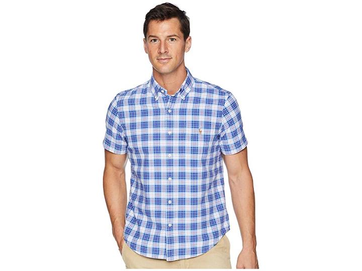 Polo Ralph Lauren Button Down Short Sleeve Sport Shirt (blue/salmon Multi) Men's Clothing