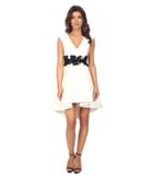 Halston Heritage Cap Sleeve V-neck Structured Dress With Orchid Applique (eggshell/black) Women's Dress