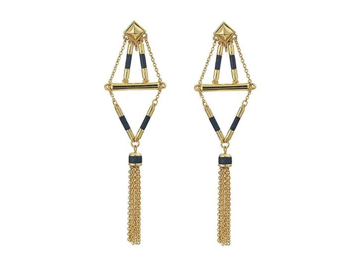 Vince Camuto Statement Tassel Earrings With Leather Inlay (gold/eclipse Blue Leather) Earring