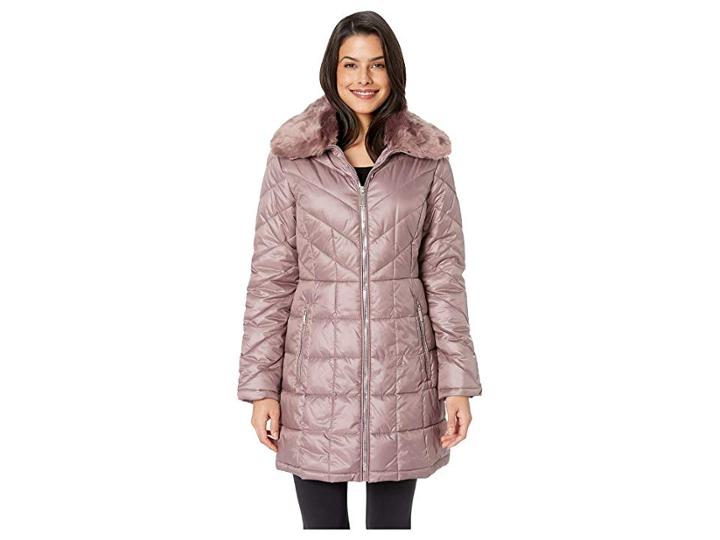 Kenneth Cole New York Zip Front Mix Quilt Puffer W/ Faux Fur Trimmed Hood (dusty Rose) Women's Coat