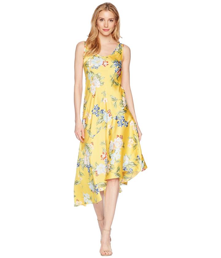 Donna Morgan Sleeveless Printed Slip Dress With Asymmetrical Hemline (sunny Yellow/blue Multi) Women's Dress