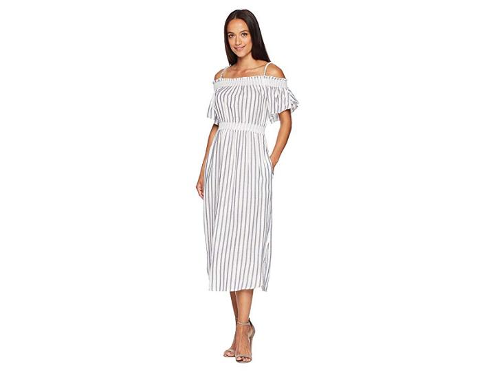 American Rose Paisley Off The Shoulder Striped Dress (ivory/navy) Women's Dress