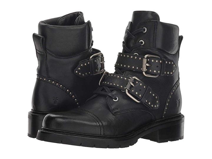 Frye Samantha Stud Belted Hiker (black Tumbled Full Veg) Women's  Boots
