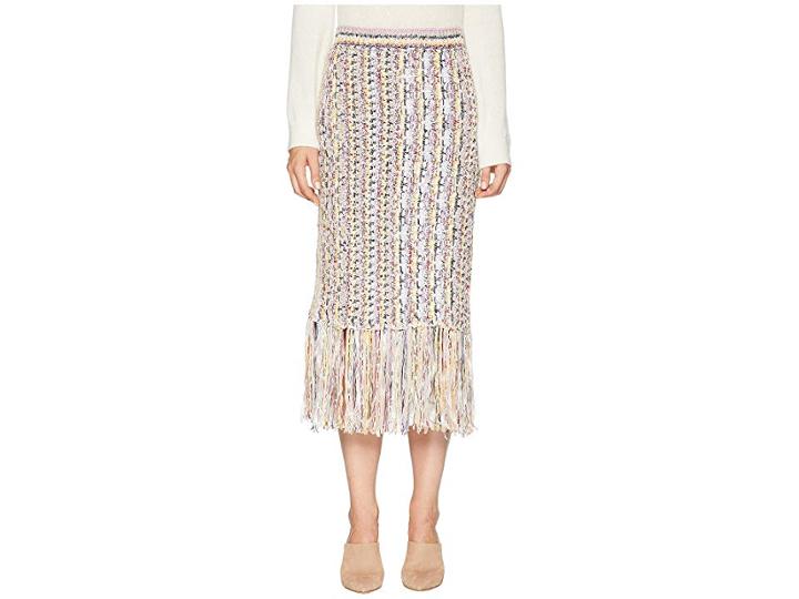Adam Lippes Handknit Tweed Midi Skirt With Fringe (ivory/pink Multi) Women's Skirt