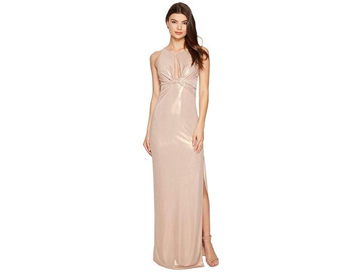 Halston Heritage Sleeveless Round Neck Metallic Jersey Gown W/ Front Keyhole (metallic Champagne) Women's Dress