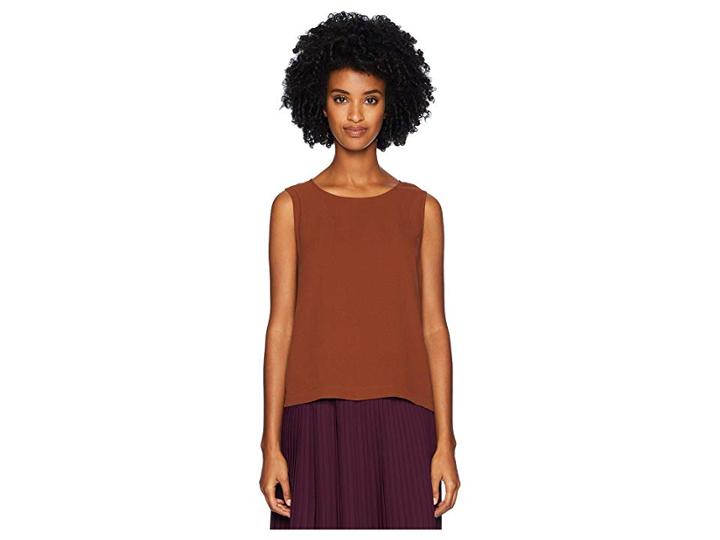 Eileen Fisher Silk Georgette Crepe Round Neck Shell (nutmeg) Women's Clothing