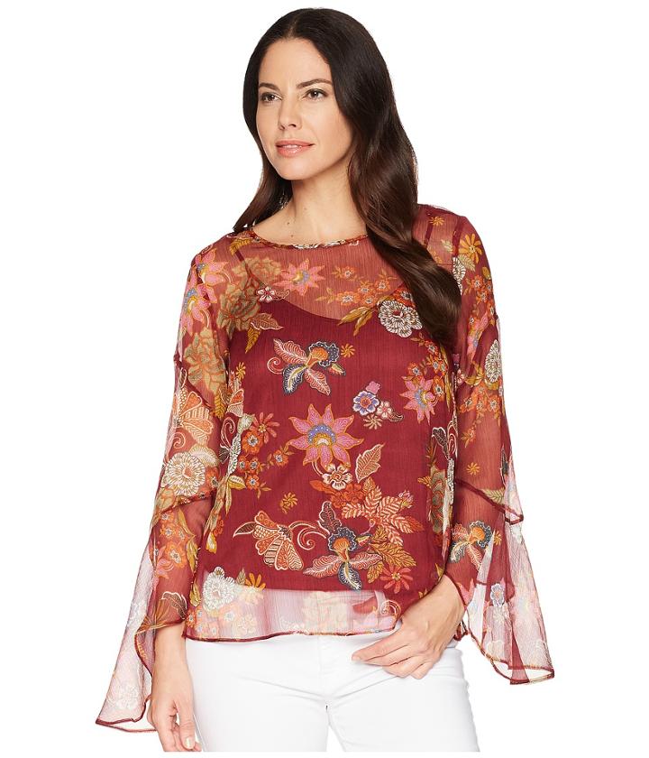 Vince Camuto Flared Sleeve Floral Print Blouse (dahlia Red) Women's Blouse