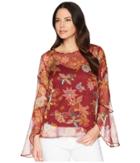 Vince Camuto Flared Sleeve Floral Print Blouse (dahlia Red) Women's Blouse