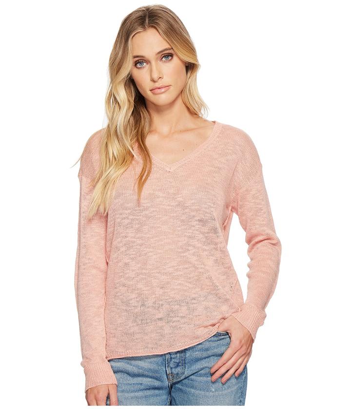 Michael Stars Linen Blend Sweater V-neck Pullover With Back Keyhole (coral Sherbet) Women's Sweater