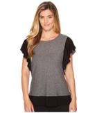 Two By Vince Camuto Ruffle Sleeve Mixed Media Top (dark Dove Heather) Women's Clothing