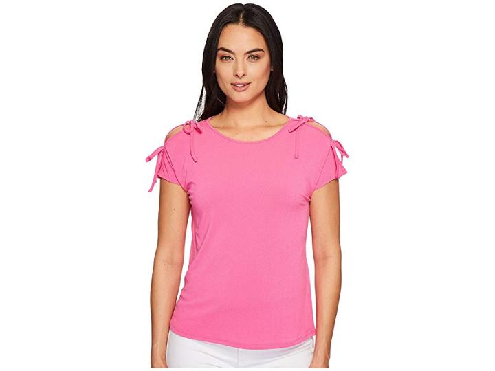 Cece Short Sleeve Crepe Knit Top With Shoulder Ties (garden Rose) Women's Clothing