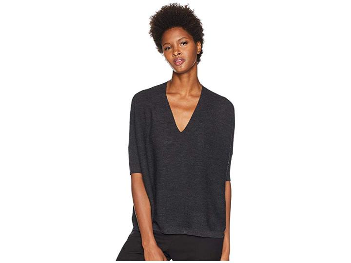 Eileen Fisher Fine Merino Double Links V-neck 3/4 Sleeve Top (charcoal) Women's Clothing