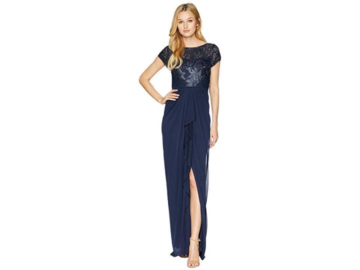 Adrianna Papell Long Tulle Gown With Embellished Bodice (midnight) Women's Dress