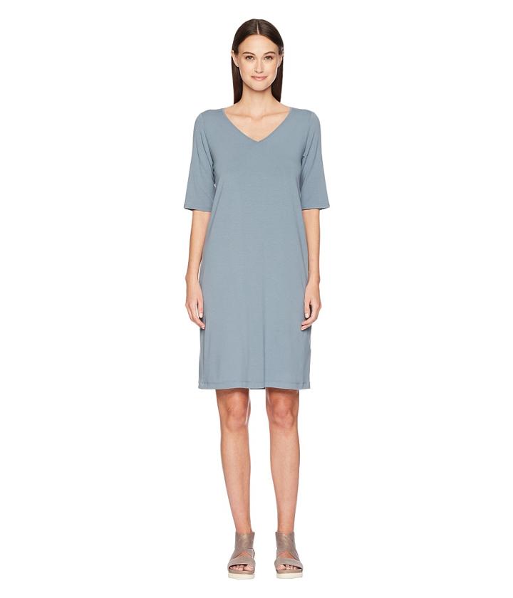 Eileen Fisher V-neck Shift Dress (blue Steel) Women's Dress