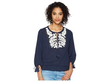 Lucky Brand Embroidered Tassel Top (american Navy) Women's Clothing