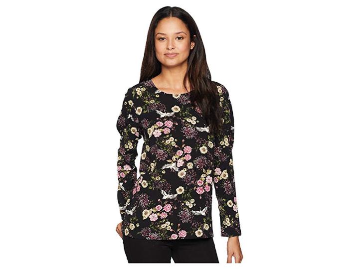 Kensie Black Floral Cranes Top Ks8k4819 (black Combo) Women's Long Sleeve Pullover