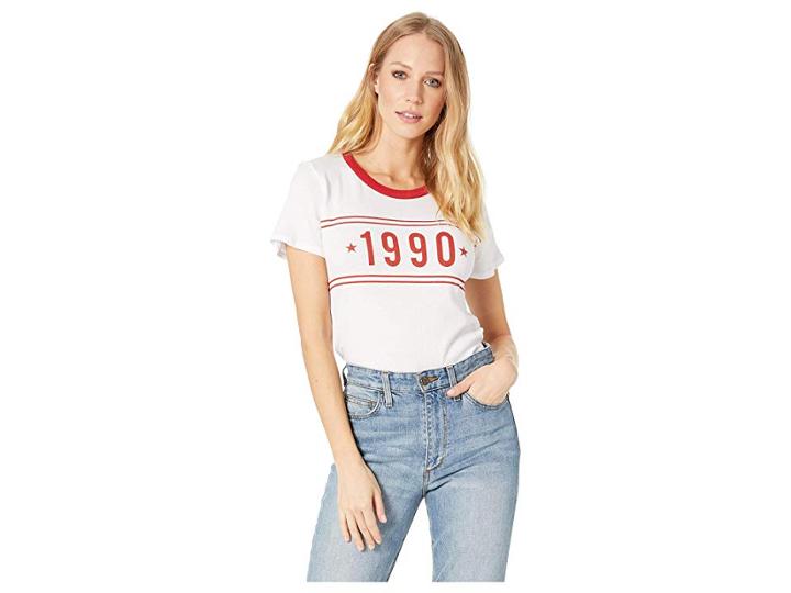 Chaser 1990 Gauzy Cotton Seamed Crew Neck Tee (white/cardinal) Women's T Shirt