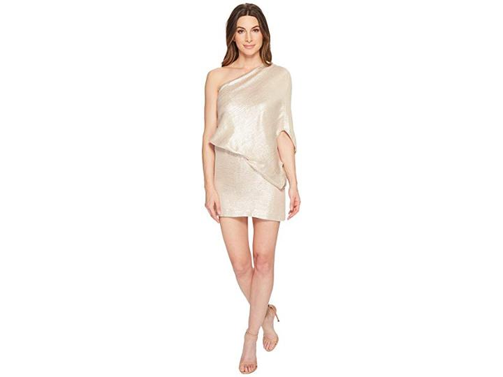 Halston Heritage One Shoulder Jacquard Sleeve Dress (metallic Champagne) Women's Dress
