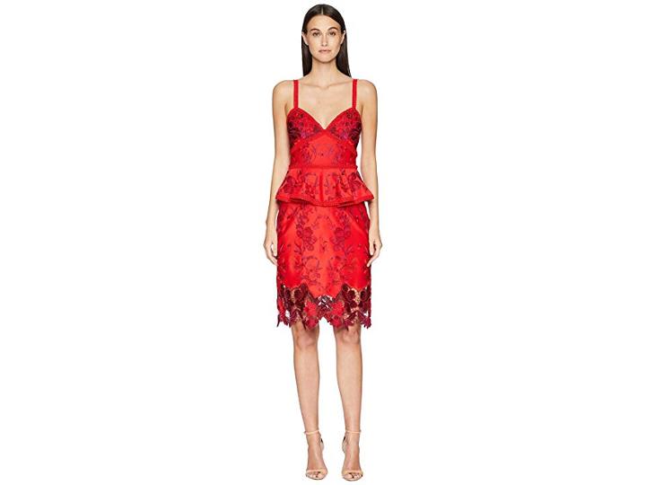 Marchesa Sleeveless Embroidered Laser Cut Neoprene Cocktail With Peplum And Trims (red) Women's Dress