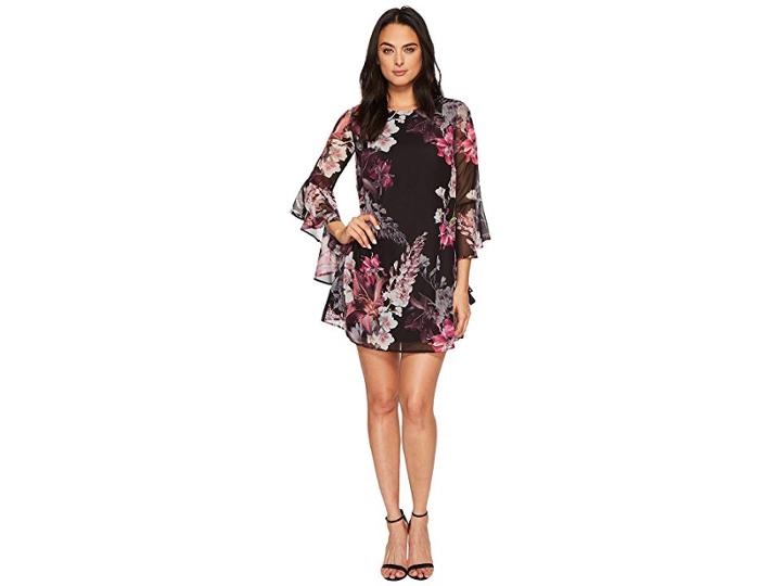 Cece Ashley Bell Sleeve Blooms Dress (rich Black) Women's Dress