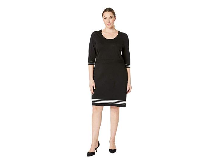 Anne Klein Plus Size 3/4 Sleeve Scalloped Fit Flare Sweater Dress (anne Black/anne White) Women's Clothing