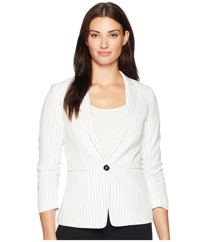 Tahari By Asl Pinstripe Ruched Sleeve One-button Jacket (ivory/black) Women's Coat