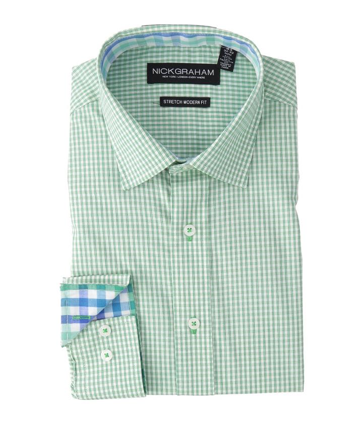 Nick Graham Mini Windowpane Check Stretch Shirt (green) Men's Long Sleeve Button Up