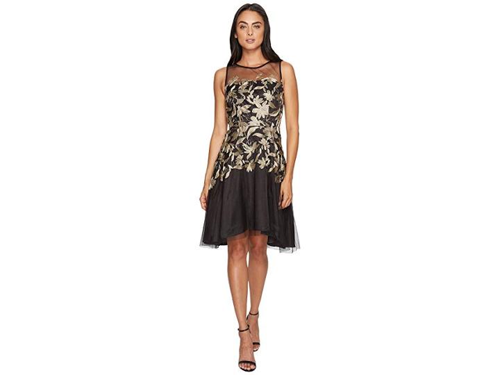 Tahari By Asl Embroidered Mesh Party Dress (black/gold) Women's Dress