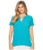 Michael Michael Kors Woven Mix Short Sleeve Chain Top (tile Blue) Women's Short Sleeve Pullover