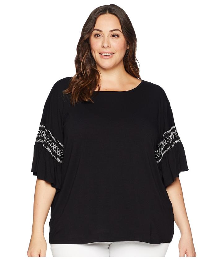 Vince Camuto Specialty Size Plus Size Drop Shoulder Smocked Ruffle Sleeve Top (rich Black) Women's Clothing